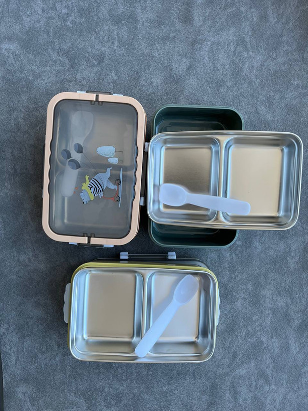 خرید ظرف غذا مدرسه بهداشتی داخل استیل دسته دار به همراه قاشق دخترانه و پسرانه