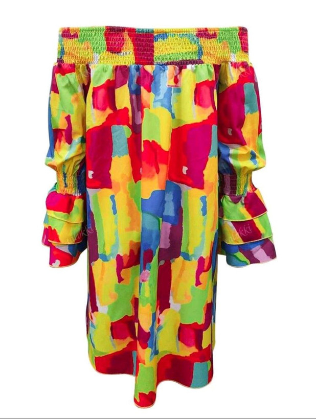 لباس راحتی زنانه سایز بزرگ تابستانی - چاپ رنگارنگ گشاد، آستین بلند با یقه برگردان قواره آزاد